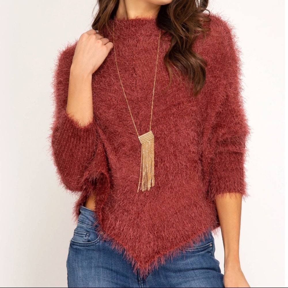 Trendy Batwing Sleeved Eyelash Sweater in Marsala - Picture 4 of 8